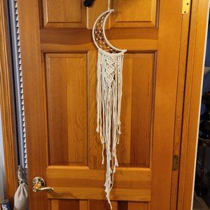 Handmade Macrame Crescent Moon Dream Catcher Beaded White Rope